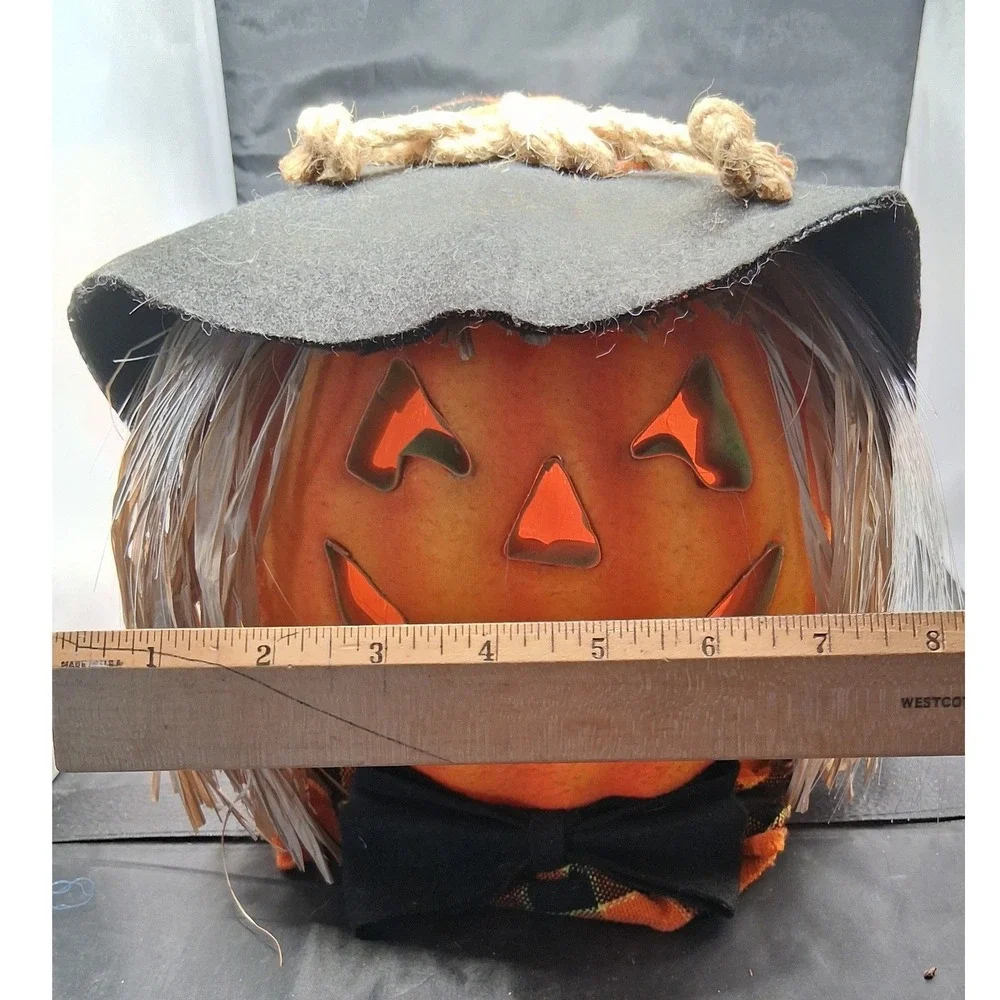 Vintage Halloween Scarecrow Pumpkin Light Jack-O-Lantern Plaid Hat 8.5